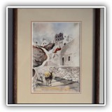 A45. Signed watercolor of Santorini with windmill. Frame: 15" x 12.5" Watercolor: 7.5" x 10.5" - $75