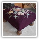 F05. Needlepoint footstool. 10"h x 19"w x16"d - $48