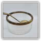 G26. Glass bowl with silverplate rim and spoon. 2.75"h x 5"w - $10