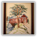 A16b. Covered bridge cross stitch, signed M.B.D and 1967. Frame: 15.5"h x 12"w - $32