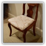 F59. Flame mahogany side chair with upholstered seat. Some pulls on fabric and damage to veneer. 32"h x 19"w x 16"d. - $30
