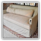 F13. Thomasville Furniture upholstered bench seat sofa. Sun damage to upholstery. 38"h x 68" x 41"d - $200