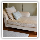 F40. Baker Furniture upholstered chaise longue. Some tiny spots on upholstery. 33"h x 68"w x 32"d - $395