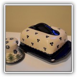 K10. Polish pottery butter dish with small chip and salt shaker