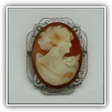 J11. Sterling silver filigree cameo pin. 1.5" - $85