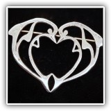 J22. Sterling silver dolphins heart pin. 1.25" x 1.5"
